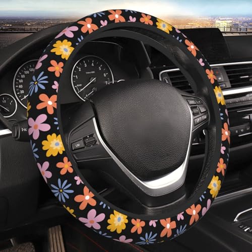 Vintage Daisy Neoprene Steering Wheel Cover Anti-Slip Elastic Flower Floral Steering Wheel Protective Cover 15in Universal Car Accessories Fit Cars, SUVs, Auto - color: Vintage Daisy
