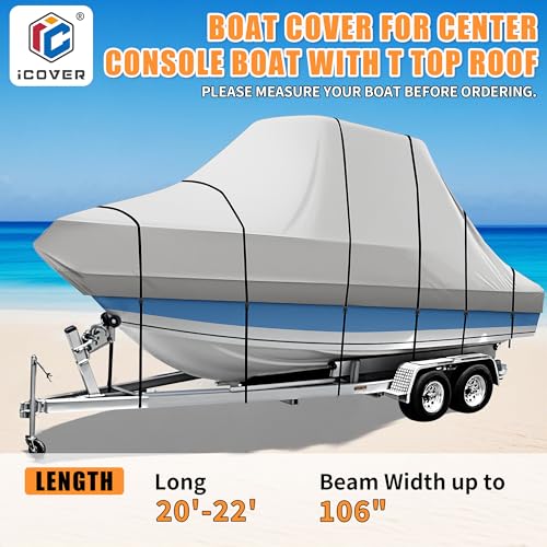 iCOVER T-Top Boat Cover, 600D Heavy Duty Marine Grade Waterproof Tear Resistant, Hard Top/T Top Boat Cover for Center Console Boat with T TOP Roof, Fits 20'-22' Long Beam Width up to 106", Grey - color: T-Top / Hard-Top, size: E: 20'-22' long, Beam Width