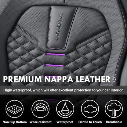 Coverado Car Seat Covers Front Seats, Nappa Leather Black&Purple Car Seat Cover, Automotive Seat Covers, Waterproof Driver Seat Protector, 2 Pack Front Seat Cover Car Seat Cushion Fit for Most Cars