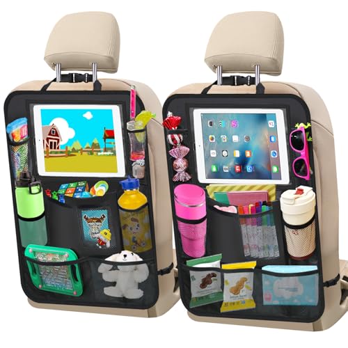 Car Backseat Organizer ，2 Pack Car Organizer Back Seat with 11" Tablet Holder, 10 Storage Pockets Seat Back Protectors Kick Mats for Kids Toddlers, Travel Accessories (Black)
