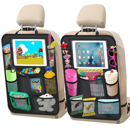 Car Backseat Organizer ，2 Pack Car Organizer Back Seat with 11" Tablet Holder, 10 Storage Pockets Seat Back Protectors Kick Mats for Kids Toddlers, Travel Accessories (Black)