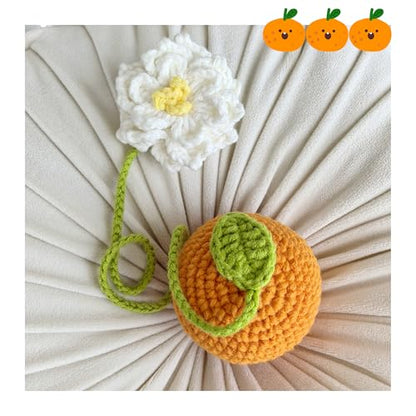 Cute Tangerine Car Mirror Hanger - Crochet Hand Knitted Rear View Mirror Accessory - color: Tangerine