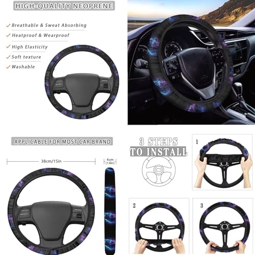 Wolf Lighting Print Blue Black 15 Pcs Car Seat Cover Set, Universal Car Accessory Set Front Rear Seat Covers Seat Belt Covers Steering Wheel Cover Car Coaster Car Headrest Cover - color: Wolf Lighting Print Blue Black