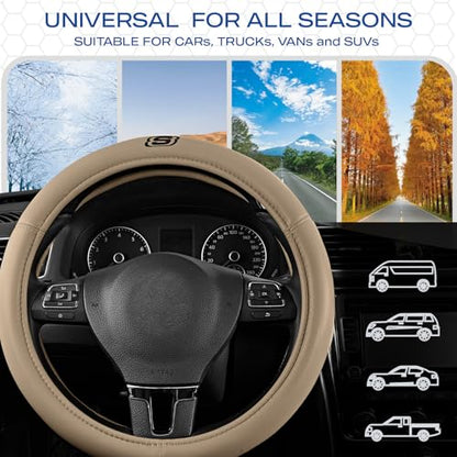 Skechers Memory Foam Steering Wheel Cover,Grade Protein Leather Steering Wheel Cover,Universal Fit 14" 1/2-15" Car Steering Wheel for Men Women Fit Suvs,Vans,Sedans,Car,Trucks,Beige - color: Beige