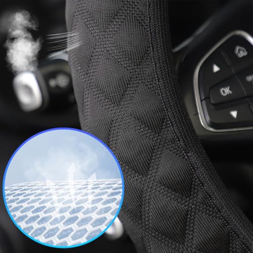 Elastic Stretch Car Steering Wheel Cover, 15Inch Breathable Ice Silk Vehicle Steering Wheel Protecter, Cool in Summer Automotive Interior Protection, Universal for SUV Sedan Truck (Black)