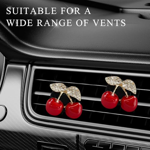 2PCS Cherry Car Air Vent Freshener Perfume Clip, Rhinestone Vehicle A/C Outlet Clips Bling Charm with Scented Pads, Sparkly Diamond Vent Clamp Cute Cherry Decoration for Women
