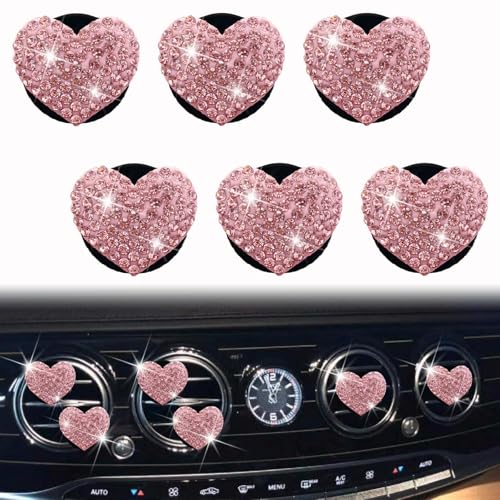 6 Pcs Heart-Shaped Crystal Diamond Air Vent Clip, Heart-Shaped Bling Charms Crystal Car Freshening Diffuser, Car Bling Interior Decorative Accessories for Women (pink) - color: pink