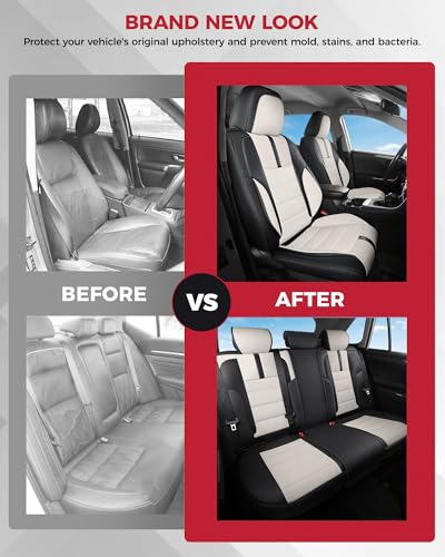 FREESOO Universal Full Seat Covers, Waterproof Faux Leather Automotive Seat Covers with Carbon Fiber Texture Seat Belt Pads, Anti-Slip Airbag Compatible Car Seat Covers for Cars SUVs Trucks - color: Black White, size: Full Set - 5 Seats