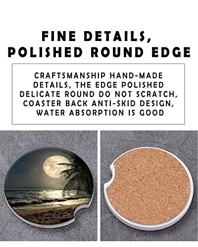 2 Pack Universal Ceramic Car Coasters Tropical Beach Palm Tree with Full Moon Starry Night,Ceramic Stone with A Finger Notch for Easy Removal of Car Cup Holder Coaster - color: Tropical Beach Palm Tree With Full Moon Starry Night