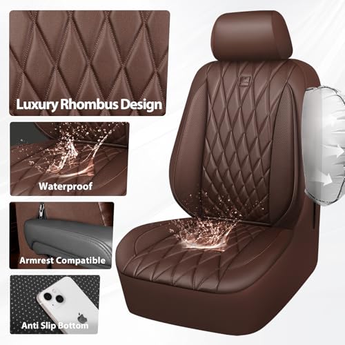 CAR PASS Piping Luxury Faux PU Leather Two Front Car Seat Covers, Waterproof Anti Slip Seat Covers Compatible with Front Seat Armrests,Universal Fit for Suvs,Vans,Trucks,Airbag Compatible, All Brown - color: Brown, size: Two Front