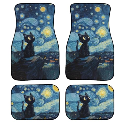 Starry Cat Print Rubber Mats for Car 4 Pcs Auto Front/Back Floor Mats All Weather Car Floor Protection Fit for SUV Vans Sedans Trucks
