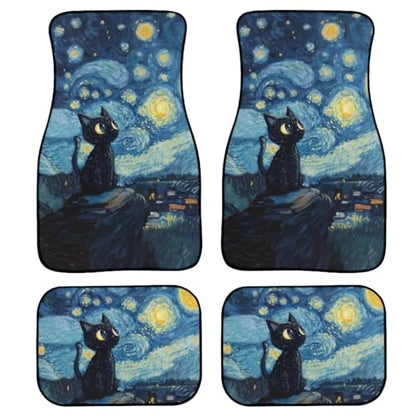 Starry Cat Print Rubber Mats for Car 4 Pcs Auto Front/Back Floor Mats All Weather Car Floor Protection Fit for SUV Vans Sedans Trucks