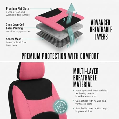 FH Group Full Set Cloth Car Seat Covers, Universal Fit combo, Low Back Front Seat Covers, Airbag Compatible, Split Bench Rear Seat, Washable Seat Cover for SUV, Sedan, Van, Pink - color: Pink