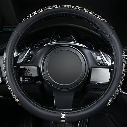 Flying Banner car Steering Wheel Cover Gel Massage Velvet Cool Warm Universal Size 15 inches SUV Truck Anti Slip Odorless Summer Winter (Black Gray Leopard Print, Gel Massage) - color: Black Gray Leopard Print