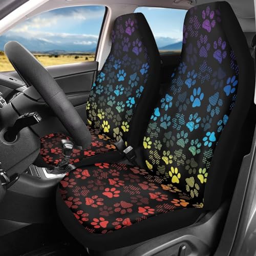 Colorful Dog Paws Print Car Front Seat Cover 2 Pieces Auto Seat Cover Anti Slip Automotive Seat Protector Car Accessoies for Most Cars - color: Colorful Dog Paws