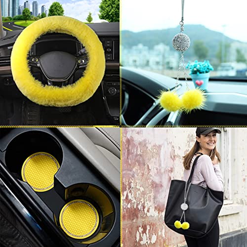 Fluffy Car Accessories Set, Fur Cute Fluffy Steering Wheel Cover Set for Women & Furry Handbrake & Gear Shift Covers & Car Rearview Mirror Pendant & 2 Pieces Bling Coasters (Yellow) - color: yellow