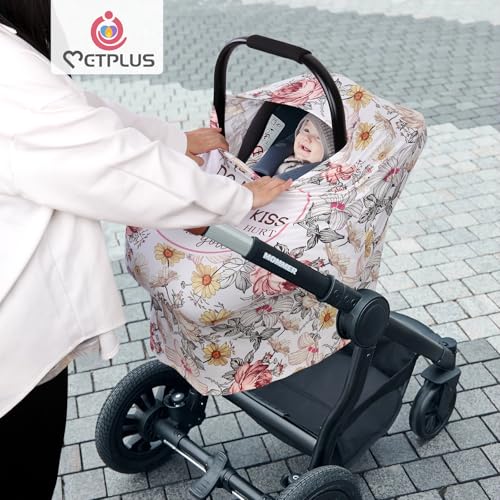 Metplus Car Seat Cover Baby Girl, No Touch Sign Carseat Canopy, Nursing Breastfeeding Covers, Stretchy Universal Fit, Multi-Use for Stroller/Shopping Cart/High Chair, Baby Shower Gift - color: STOP Flower
