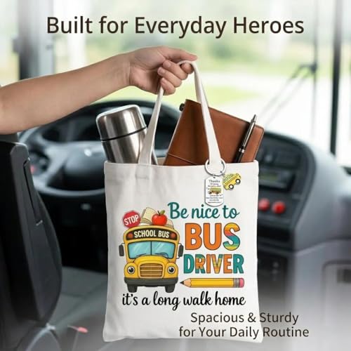 School Bus Driver Appreciation Gifts -Bus Canvas Handbag, Cosmetic Bag, Rearview Mirror Hanging Ornament, Keychain & Greeting Card | Thank You Gift for Driver,Transportation Worker