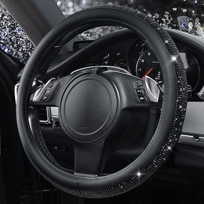 CAR PASS Bling Diamond Leather Steering Wheel Cover, With Sparkly Crystal Glitter Rhinestones Universal Fit 14"1/2-15" Car Wheel Protector for Women Girl Fit Suvs,Vans,Sedans,Car,Trucks, Black Diamond - color: Black Diamond on Velvet