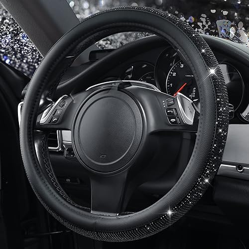 CAR PASS Bling Diamond Leather Steering Wheel Cover, With Sparkly Crystal Glitter Rhinestones Universal Fit 14"1/2-15" Car Wheel Protector for Women Girl Fit Suvs,Vans,Sedans,Car,Trucks, Black Diamond - color: Black Diamond on Velvet