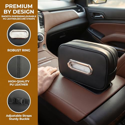 Compact Car Tissue Holder – Premium PU Leather Tissue Box, Fits 100 Sheets, Black Car Storage Organizer for Seat/Headrest/Center Console/Visor (Black) - color: Black