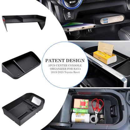 DIAMOOKY Upgraded Center Console Organizer Compatible with Toyota RAV4 2025 2024 2023 2022-2019 Interior Accessories, Armrest Storage Box, Dash Storage Tray(Not for New 10.5'' Multimedia Display)-3pcs