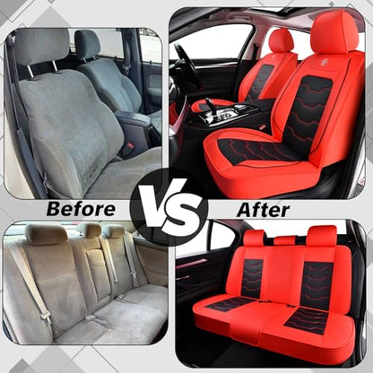 Red Car Seat Covers Complete Set, Universal Car Seat Covers for Cars, Premium Waterproof Leather, Protect & Upgrade Car Interiors, Airbag Compatible, Easy to Install & Clean Up - color: C_Red