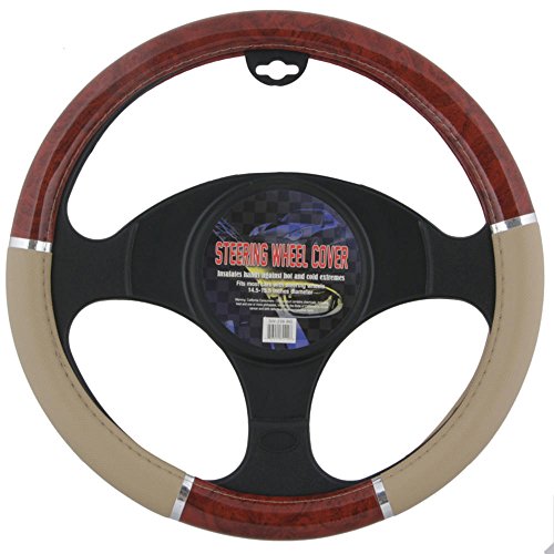 BDK Dark Wood Grain Car Steering Wheel Cover, Standard 15 inch with Beige Faux Leather Grip, Made to Fit Most Auto Truck Van SUV - color: #1-Beige / Dark Wood, size: Fits 14.5 - 15" SW
