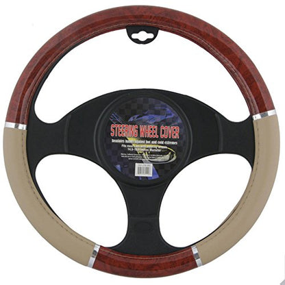 BDK Dark Wood Grain Car Steering Wheel Cover, Standard 15 inch with Beige Faux Leather Grip, Made to Fit Most Auto Truck Van SUV - color: #1-Beige / Dark Wood, size: Fits 14.5 - 15" SW