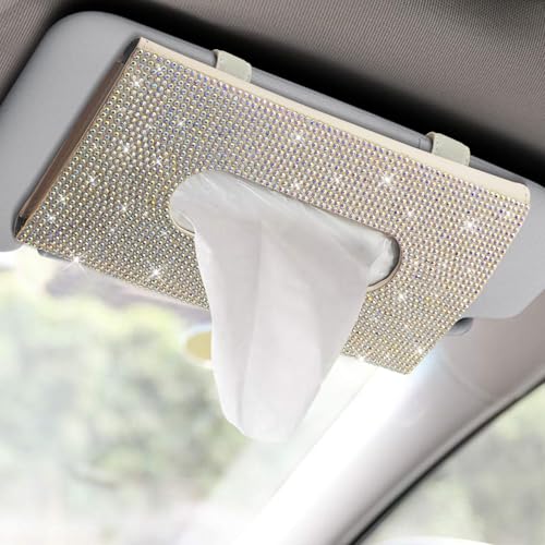 Bling Car Sun Visor Tissue Box Holder, Visor Accessories, Rhinestone PU Leather Crystal Sparkling Napkin Holder, Auto Sun Visor Paper Towel Cover Case Accessories for Most Cars (Beige+Colorful) - color: Beige+colorful