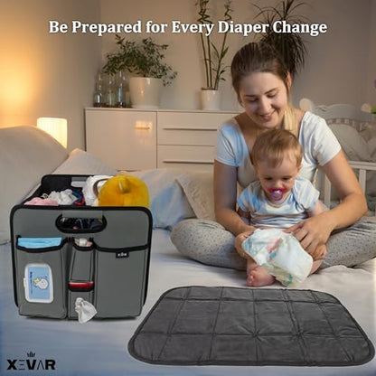 Baby Diaper Caddy Organizer with Changing Mat - Portable Car Caddy for Newborn Essentials, Diapers & Wipes, Perfect for Baby Shower and New Mom | Oxford Fabric, Grey