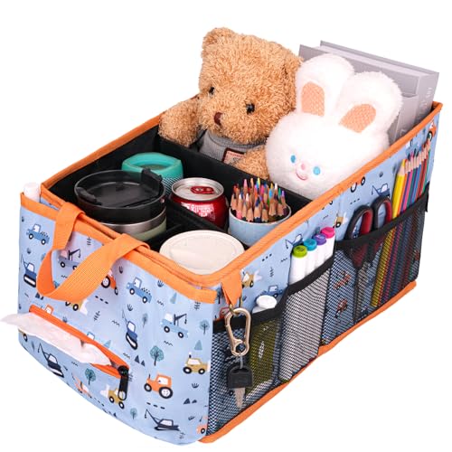 HEYSKAY Car Seat Organizer-Passenger Seat Organizer, Collapsible Small Car Seat Organizer for Console Front/Back, Car Seat Caddy Organizer with 4pc Drink Holders Automotive Backseat Organizer for Kids - color: Car light blue