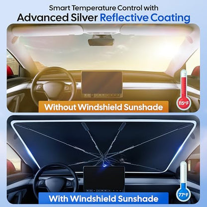 Econour Windshields Sun Shade Umbrella for Car | Medium Foldable Car Sunshade | UV & Heat Protection Front Window Sun Shield, Keeps Interior Cool, Fits Sedans SUVs & Trucks (57” x 33”)