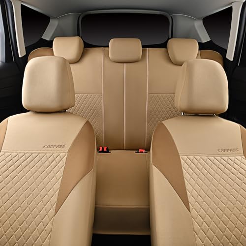 CAR PASS Ultrasonic Embossing Cloth Universal Seat Covers,Cute Breathable Car Seat Cover with 5mm Composite Sponge Inside,Airbag Compatible,2zipper Bench for Sedan,SUV,Truck(Beige,Full Set) - color: Beige