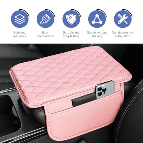 Car Center Console Cover, Upgrade Soft Skin-friendly Leather Arm Rest Cover for Car, Universal Anti-slip Scratch-resistant Armrest Mat with Side Storage Bags, for Trucks, Cars, SUVs (Pink) - color: Pink