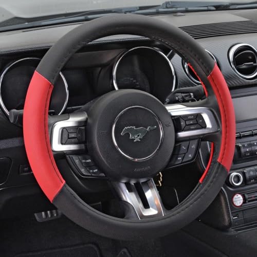 PU Leather Car Seat Covers w/Two-Tone Carpet/Vinyl Trim Car Floor Mats – Front and Back Split Bench Seat Covers, Steering Wheel Cover, Floor Mats (Black/Red) - color: Red