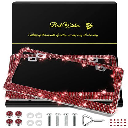 QUANQIUFEI 2 Pack Bling License Plate Frames for Women, Sparkly Rhinestone Diamond Car Accessories with Glitter Crystal Caps (Burgundy) - color: Burgundy