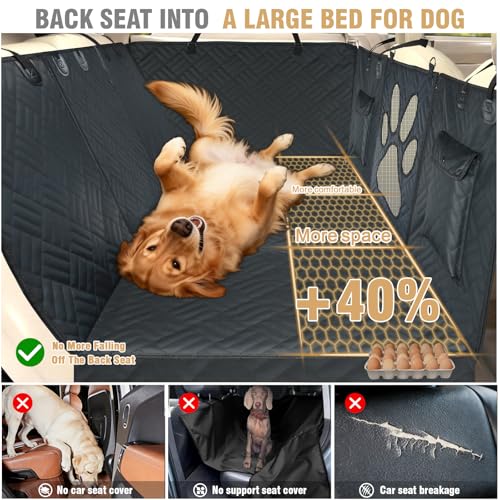 RYVON Dog Car Seat Cover for Back seat Waterproof Dog Hammock with Mesh Window Dog Car Seat Cover Hard Bottom Holds 440lbs Folds to accommodate Passenger