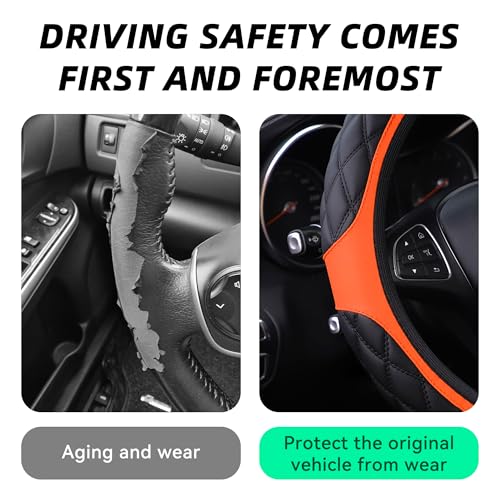 15 Inch Car Leather Steering Wheel Cover, Automotive Accessories Elastic Breathable Anti-Slip Soft Wheel Protector Fits Men and Women, Suitable for SUVs, Trucks, Vehicles and RVs (Orange) - color: Orange