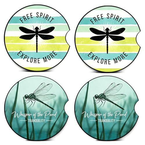 4PCS Dragonfly Car Coasters,Car Coasters for Cup Holder,Insect Cars Accessories Interior Decor Universal Neoprene 2.75" Anti-Slip Rubber Mat with Finger Slot,Dragonfly Gifts for Women,Men,Driver - color: Dragonfly Green