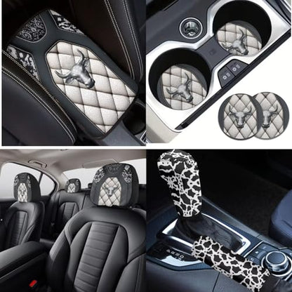 Highland Cow Printed 16 Pcs Car Interior Accessories, Car Seat Covers Sets with Steering Wheel Cover Armrest Pads Seatbelt Cover Headrest Protector Handbrake and Gear Shift Covers Set Coaster - color: Gray and White - Highland Cow