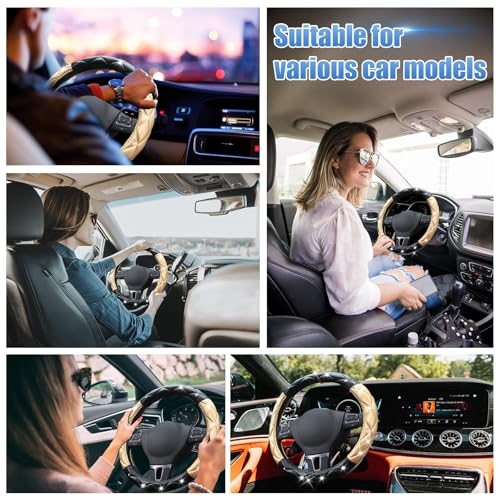 Black and Gold Steering Wheel Cover, Auto Cute Diamond Bling Soft Comfort Leather Car Interior Accessories Protector Sparkly Fit Most O-Shaped Steering Wheels