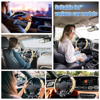 Black and Gold Steering Wheel Cover, Auto Cute Diamond Bling Soft Comfort Leather Car Interior Accessories Protector Sparkly Fit Most O-Shaped Steering Wheels