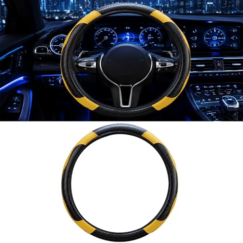 Car Steering Wheel Cover, 15 inch Carbon Fiber Microfiber Anti-Slip Breathable PU Leather Elastic Steering Wheel Protector, Car Interior Accessories for Most Cars (Yellow) - color: Yellow