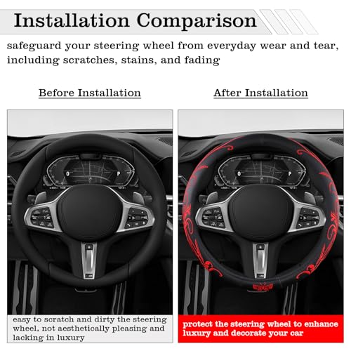 Car Leather Steering Wheel Cover - Panapi Material, Universal 14.5-15 Inch Leather Anti-Slip Breathable Auto Steering Wheel Covers for Men Women (Embroidery-Red) - color: Embroidery-Red
