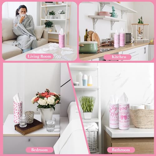 Outus 12 Pcs Christian Car Tissues Cylinder Holder with 3 Ply Facial Tissue Bulk Pink Bow Religious Round Tissue Holder Inspirational Scripture Travel Tissues Boxes Container for Car Cup Home Office - style: Religious Bow