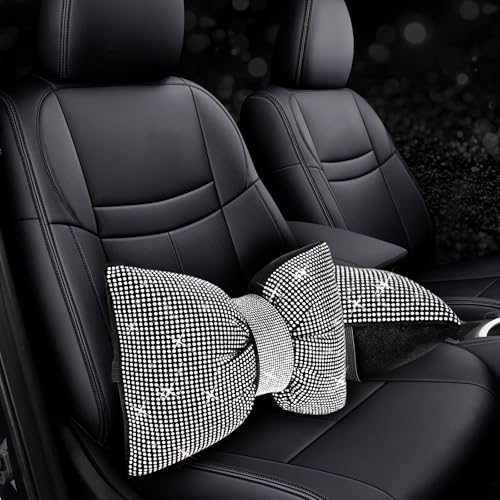 ChuLian 2 PCS Bling Car Pillows, Rhinestones Bowknot Bling Car Headrest Pillow, Car Neck Pillow for Driver Cool Relax Necksupport, White Crystal Diamond Car Accessories for Women