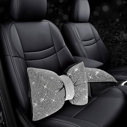 ChuLian 2 PCS Bling Car Pillows, Rhinestones Bowknot Bling Car Headrest Pillow, Car Neck Pillow for Driver Cool Relax Necksupport, White Crystal Diamond Car Accessories for Women