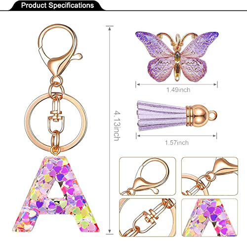 JINGUAZI Initial letter Keychains for Women Tassel Butterfly Pink Purple Cute Car Keychain for Wallet Backpack bag charm - color: A-purple