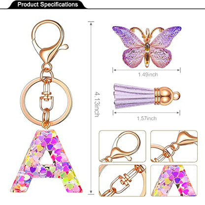 JINGUAZI Initial letter Keychains for Women Tassel Butterfly Pink Purple Cute Car Keychain for Wallet Backpack bag charm - color: A-purple